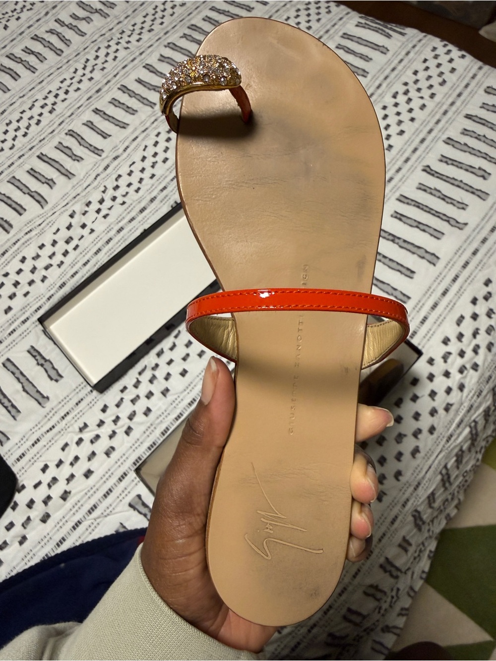 Giuseppe Zanotti Orange Patent Leather Jeweled Toe-Ring Sandal